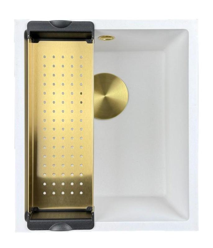 GraniteMy Universele witte granieten spoelbak 34x40 cm, wit, opbouw, onderbouw en vlakbouw, met gouden plug 1208967149