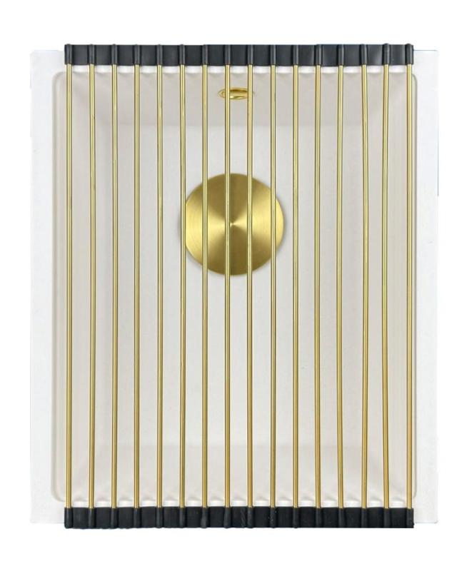 GraniteMy Universele witte granieten spoelbak 34x40 cm, wit, opbouw, onderbouw en vlakbouw, met gouden plug 1208967149