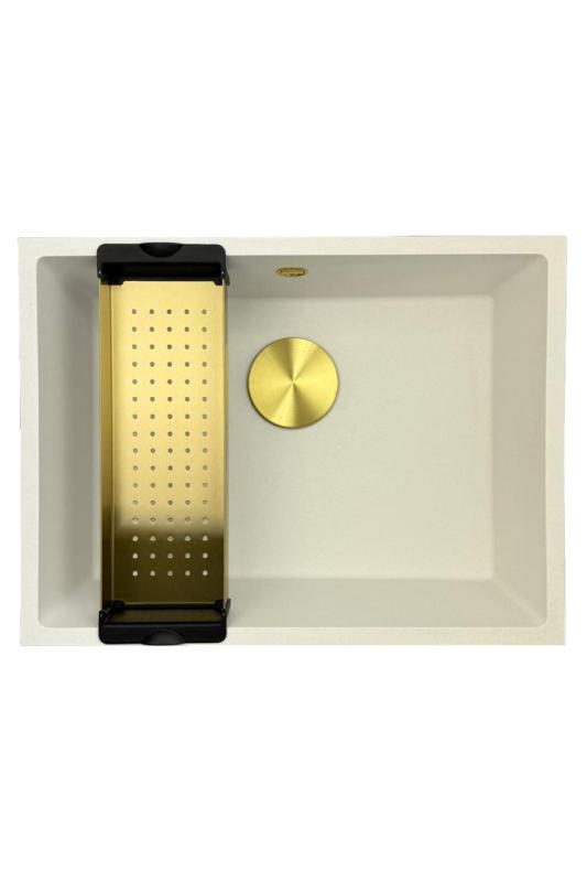 GraniteMy Universele granieten witte spoelbak 55x40 cm, bela, za nadgradnjo, vgradnjo in poravnano montažo z zlato odtočno zaporo 1208967155