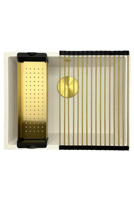 GraniteMy Universele granieten witte spoelbak 55x40 cm, bela, za nadgradnjo, vgradnjo in poravnano montažo z zlato odtočno zaporo 1208967155