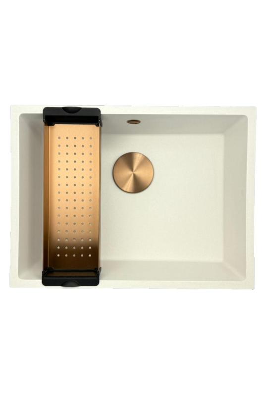 GraniteMy Universele granieten witte spoelbak 55x40 cm bel opbouw, podgradnja in ploskovna vgradnja z bakrenim čepom 1208967156