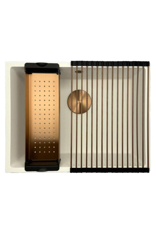 GraniteMy Universele granieten witte spoelbak 55x40 cm bel opbouw, podgradnja in ploskovna vgradnja z bakrenim čepom 1208967156