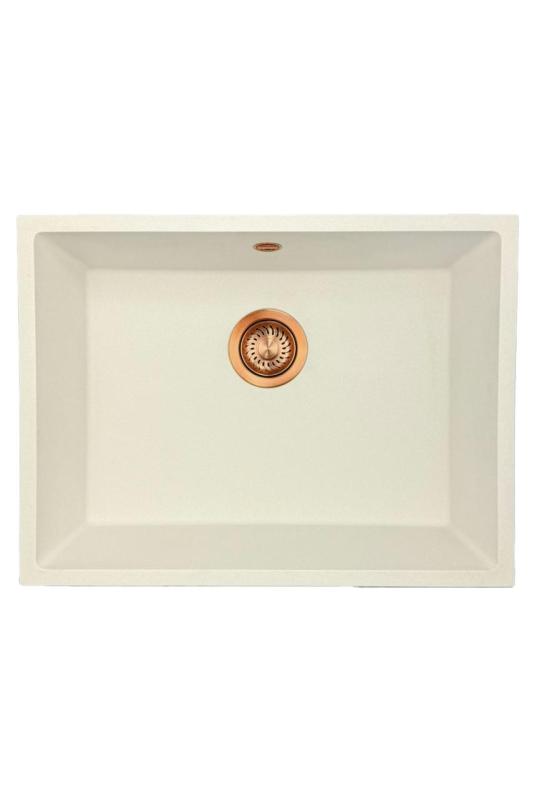 GraniteMy Universele granieten witte spoelbak 55x40 cm bel opbouw, podgradnja in ploskovna vgradnja z bakrenim čepom 1208967156