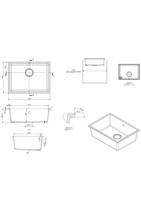 GraniteMy Universele granieten witte spoelbak 55x40 cm bel opbouw, podgradnja in ploskovna vgradnja z bakrenim čepom 1208967156
