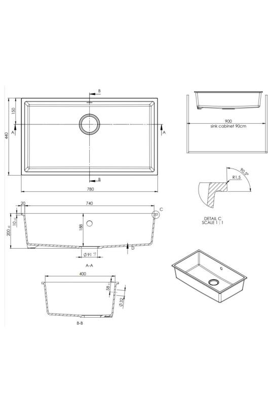 GraniteMy Universal granite large white sink 74x40 cm white top-mounted, undermount and flush-mount with white plug 1208967160