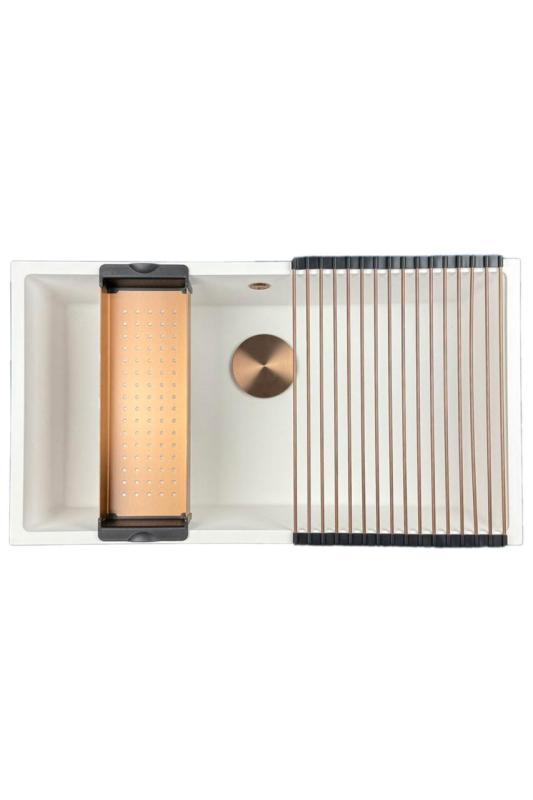 GraniteMy Universele grote witte granieten spoelbak 74x40 cm wit inbouw, onderbouw en vlakbouw met koperen plug 1208967162