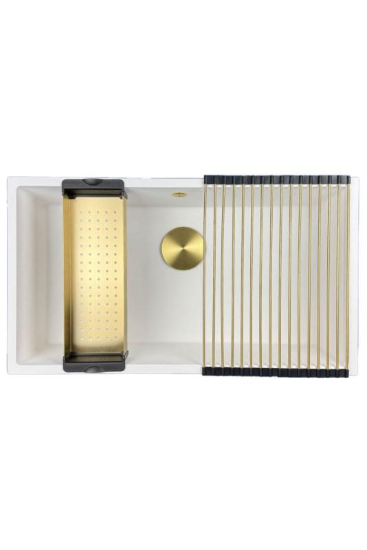 GraniteMy Universele granieten grote witte spoelbak 74x40 cm wit opbouw, onderbouw in ravna vgradnja z zlatim čepom 1208967163