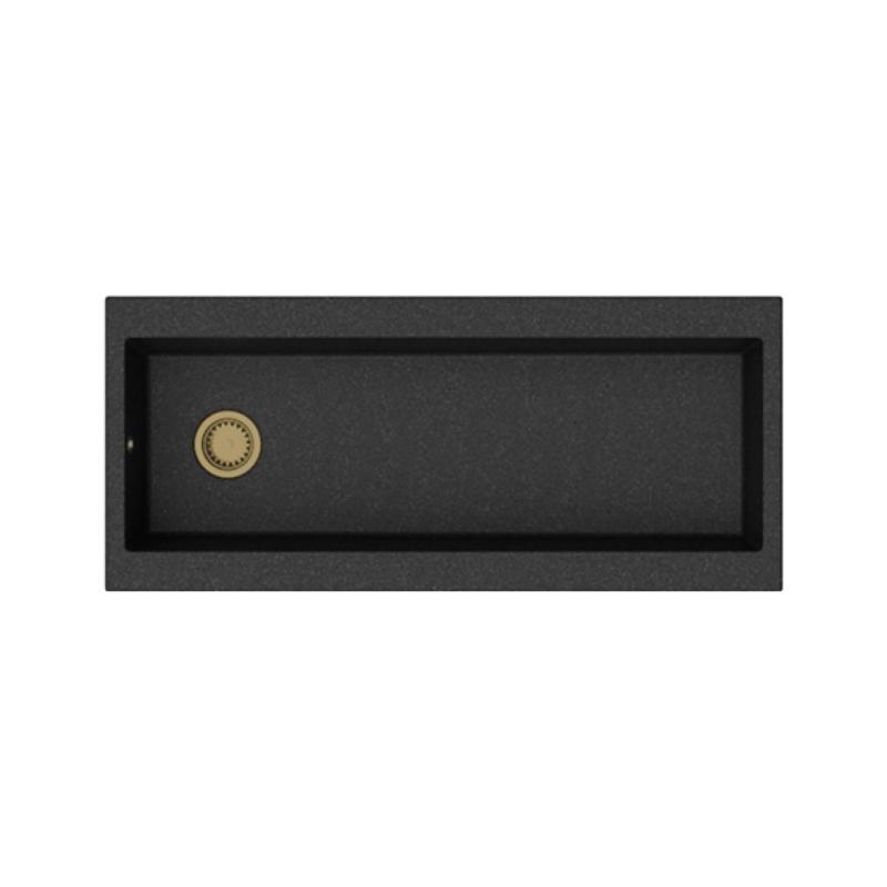 GraniteMy Trog granitna zelo velika črna pomivalno korito 116x50 cm črna nadgradnja z odprtino za pipo z zlatim čepom 1208967239