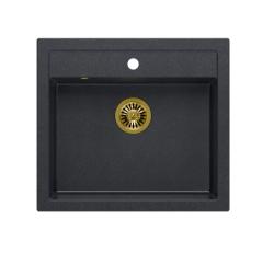 Quadri Farmhouse rustieke inbouw of opbouw granieten spoelbak antraciet met gouden plug 595x540mm 1208967267