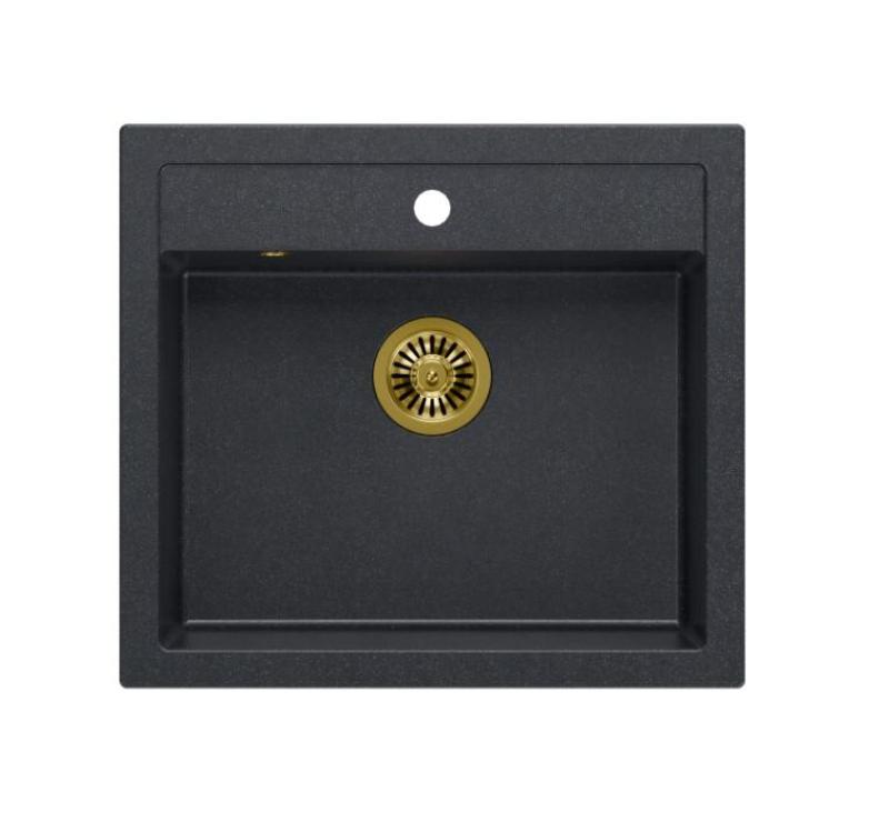 Quadri Farmhouse rustieke inbouw of opbouw granieten spoelbak antraciet met gouden plug 595x540mm 1208967267