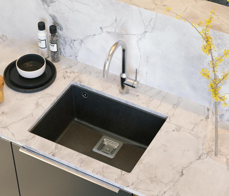Quadri Quadrangle antracitni granitni podgradni pomivalno korito 55x42cm z inox čepom 1208967273