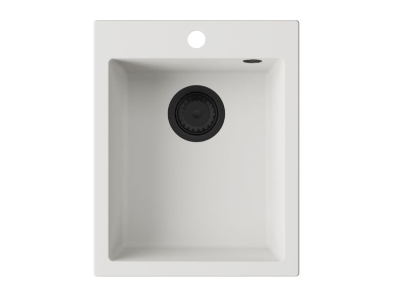 GraniteMy Bremen granitna bela pomivalna korita 40x50 cm bela, nadgradnja, podgradnja in ravna montaža s polico za pipo in črnim čepom 1208967285