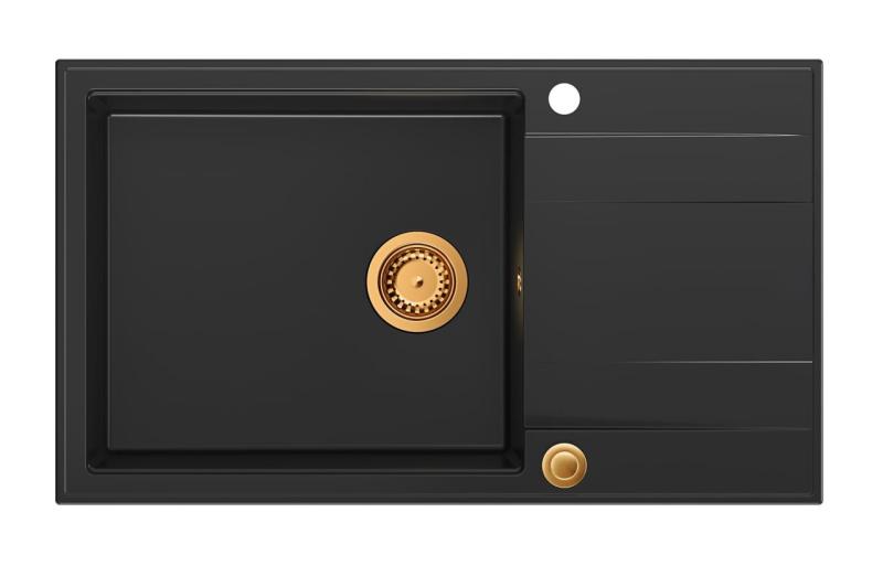 Quadri Luton črno granitno veliko nadgradno pomivalno korito z odcejalnikom, obojestransko, 86x50cm, z bakreno zaporko 1208967326
