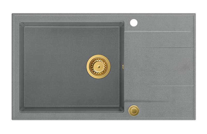 Quadri Luton siva granitna velika vgradna pomivalna korita z odcejalnikom, obojestranska 86x50 cm z zlato odtočno cevjo 1208967332