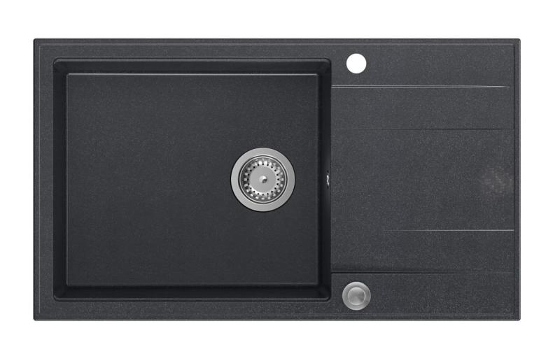 Quadri Luton anthracite granite large Inset Kitchen Sink with draining board reversible 86x50cm with stainless steel plug 1208967333