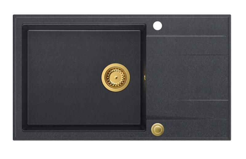 Quadri Luton antracitna granitna velika vgradna pomivalna korita z odcejalnikom, obrnljiva, 86x50 cm z zlato odtočno odprtino 1208967334
