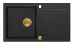 Quadri Luton črno granitno vgradno korito s odcejalno površino, reverzibilno, 86x50cm z zlato rešetko 1208967336