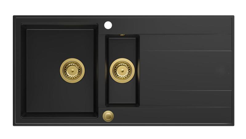 Quadri Luton črno granitno nadgradno pomivalno korito 1,5 posode z odcejalnikom, obojestransko 100x50cm z zlatim čepom 1208967346