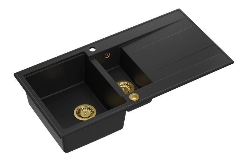 Quadri Luton črno granitno nadgradno pomivalno korito 1,5 posode z odcejalnikom, obojestransko 100x50cm z zlatim čepom 1208967346