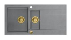 Quadri Luton siva granitna nadgradna 1,5 pomivalna korita z odcejalnikom, obojestranska, 100x50 cm z zlato odtočno cevjo 1208967351