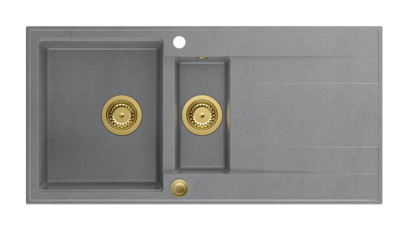 Quadri Luton siva granitna nadgradna 1,5 pomivalna korita z odcejalnikom, obojestranska, 100x50 cm z zlato odtočno cevjo 1208967351