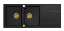 Quadri Luton vgradna dvojna granitna pomivalno korito črna z odcejalnikom 116x50 cm z zlato odtočno ploščico 1208967356
