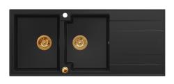 Quadri Luton vgradni dvojni granitni pomivalnik črne barve z odcejalnim delom 116x50 cm s kovinskim pokrovčkom 1208967357