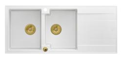 Quadri Luton nadgradna dvojna granitna pomivalno korito bela z odcejalnikom 116x50 cm z zlato čepko 1208967358