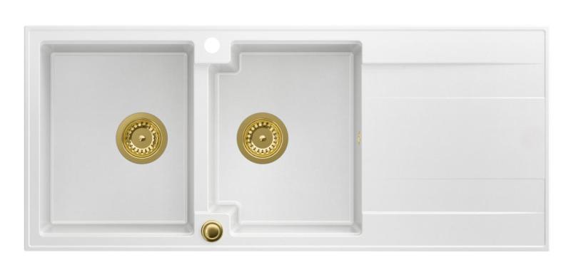 Quadri Luton nadgradna dvojna granitna pomivalno korito bela z odcejalnikom 116x50 cm z zlato čepko 1208967358