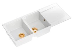Quadri Luton vgradni dvojni granitni pomivalnik bel z odcejalnim delom 116x50 cm s kovinskim čepom 1208967359