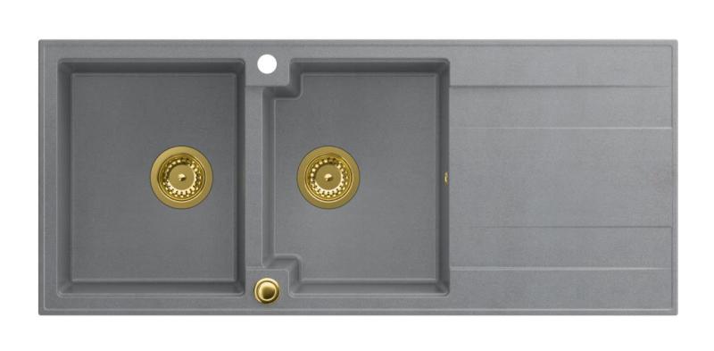Quadri Luton vgradna dvojna granitna pomivalna korita s sivim odcejalnikom 116x50 cm z zlato odtočno zaporko 1208967361.