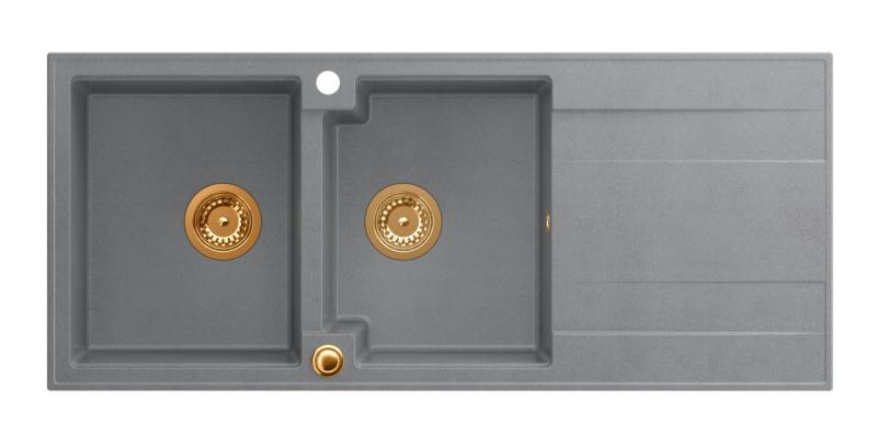 Quadri Luton vgrajeno dvojno granitno korito siva z odcejalnikom 116x50 cm s kovinskim zamaškom 1208967362