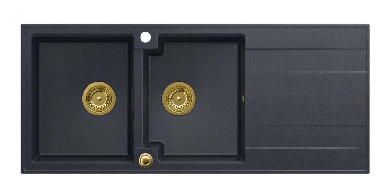 Quadri Luton nadgradnja dvojnega granitnega pomivalnega korita antracit z odcejevalnikom 116x50 cm z zlato odtočno zaporko 1208967364