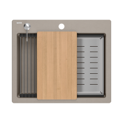 Quadri Durham taupe granitni nadgradni pomivalni korito 595x500 z dozirnikom za milo, desko za rezanje, vgradno korito in valjčno podlogo 1208967376