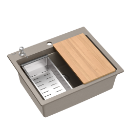 Quadri Durham taupe granitni nadgradni pomivalni korito 595x500 z dozirnikom za milo, desko za rezanje, vgradno korito in valjčno podlogo 1208967376