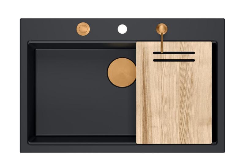 Quadri Hard Rock mat črno granitno vgradno pomivalno korito velikosti 76x50cm, vključno z bakrenim čepom in dodatkom 1208967423