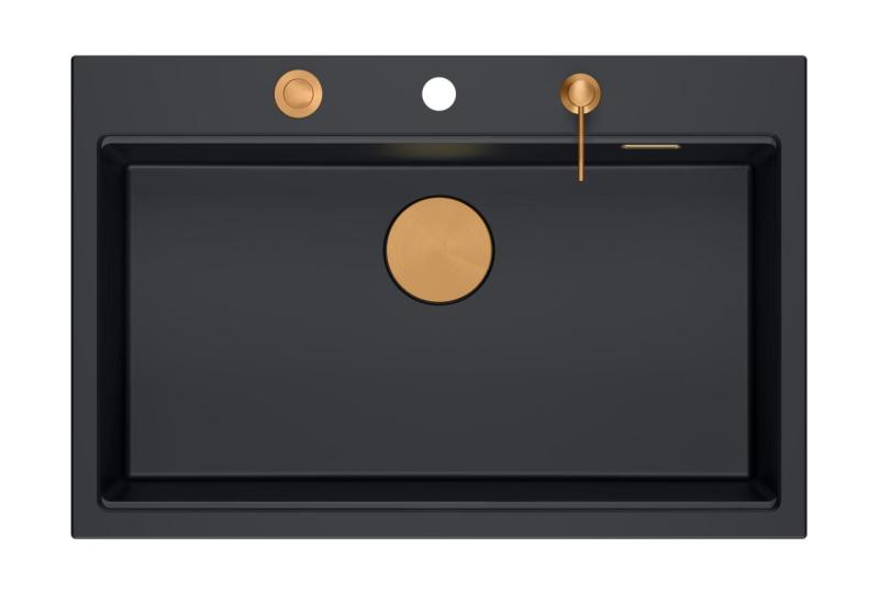 Quadri Hard Rock mat črno granitno vgradno pomivalno korito velikosti 76x50cm, vključno z bakrenim čepom in dodatkom 1208967423