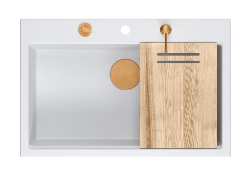 Quadri Hard Rock bela granitna nadgradna velika pomivalna korito 76x50 cm, vključno z bakrenim zamaškom in dodatki 1208967428