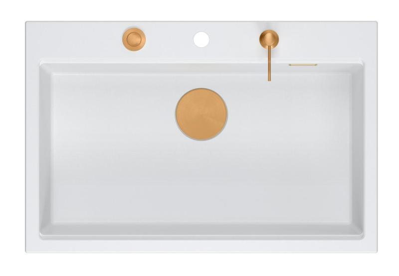 Quadri Hard Rock bela granitna nadgradna velika pomivalna korito 76x50 cm, vključno z bakrenim zamaškom in dodatki 1208967428