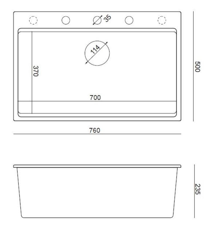 Quadri Hard Rock bela granitna nadgradna velika pomivalna korito 76x50 cm, vključno z bakrenim zamaškom in dodatki 1208967428
