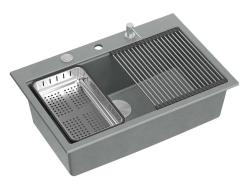 Quadri Hard Rock siva granitna vgradna velika pomivalna korita 76x50 cm, vključno z nerjavečim jeklom čepom in dodatki 1208967430