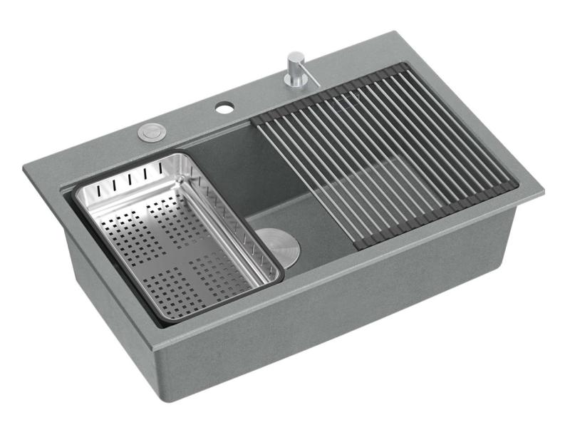 Quadri Hard Rock siva granitna vgradna velika pomivalna korita 76x50 cm, vključno z nerjavečim jeklom čepom in dodatki 1208967430