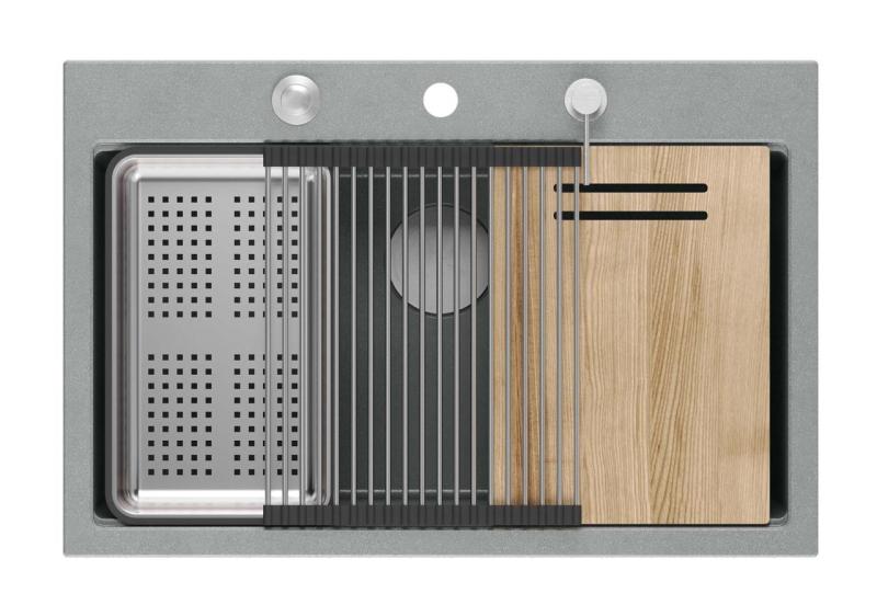 Quadri Hard Rock siva granitna vgradna velika pomivalna korita 76x50 cm, vključno z nerjavečim jeklom čepom in dodatki 1208967430