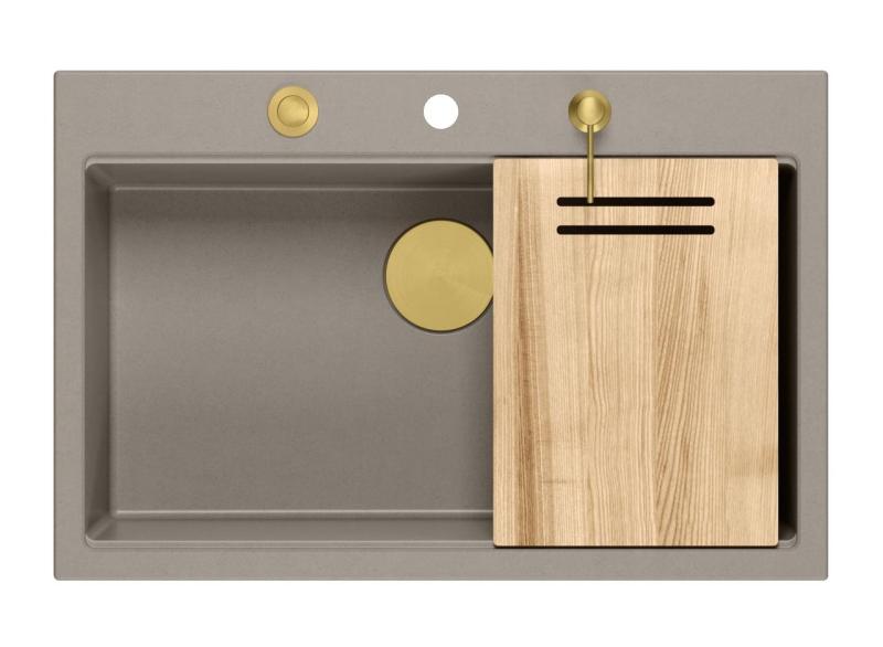 Quadri Hard Rock taupe granitna nadgradna velika pomivalna korita 76x50cm, vključno z zlato odtokom in dodatki 1208967436