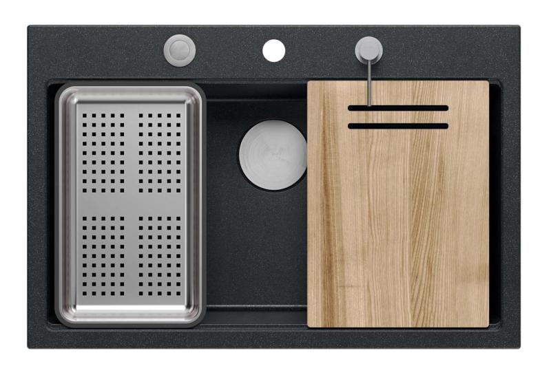 Quadri Hard Rock antracitna granitna nadgradna velika pomivalna korita 76x50 cm, vključno z inox čepom in dodatki 1208967442