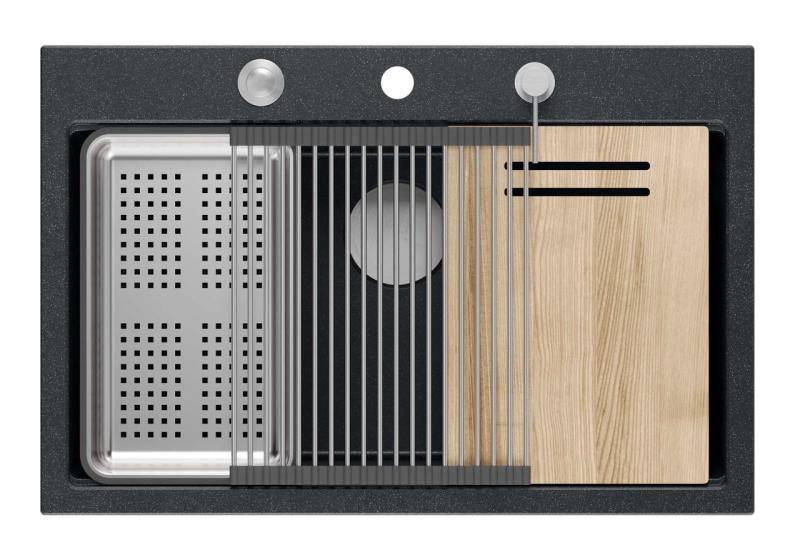 Quadri Hard Rock antracitna granitna nadgradna velika pomivalna korita 76x50 cm, vključno z inox čepom in dodatki 1208967442