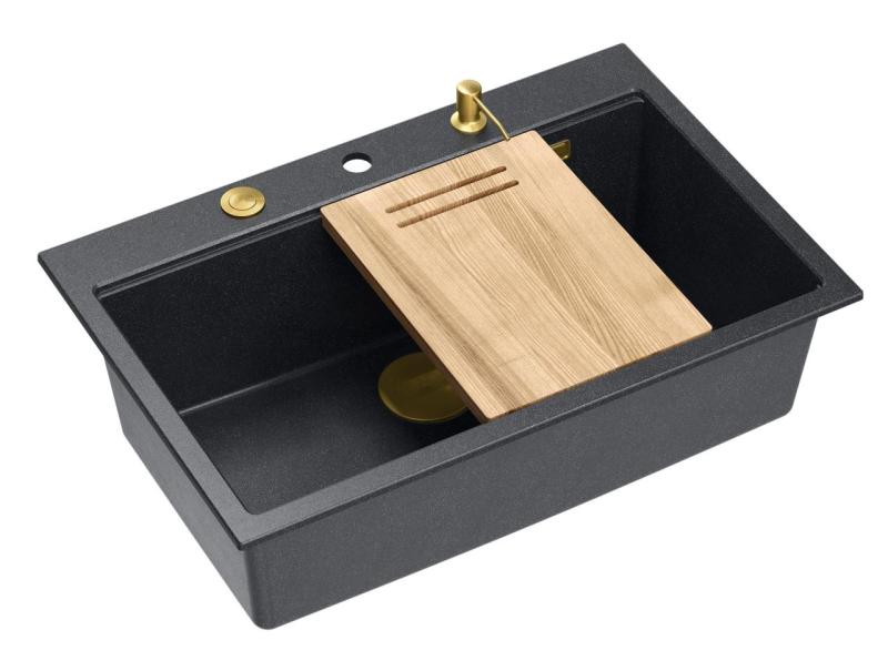 Quadri Hard Rock antracitna granitna nadgradna velika pomivalna korita 76x50cm, vključno z zlato zaporo in dodatki 1208967444