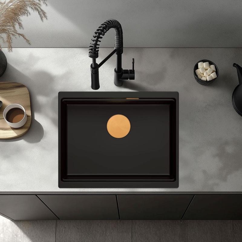 Quadri Newport II granitna podvgradna črna pomivalno korito 560x450mm z bakrenim čepom in odtočnim pokrovčkom 1208967450