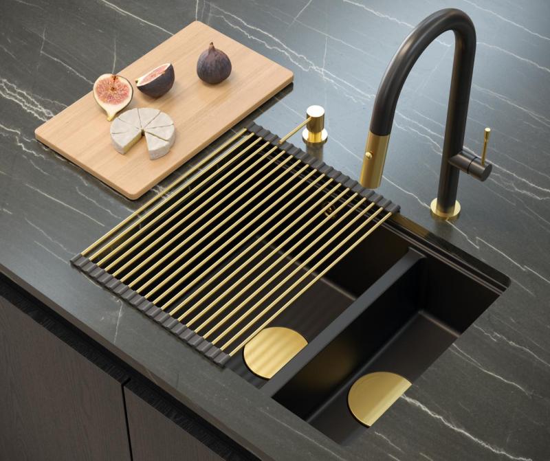 Quadri Newport II črna 1,5 pomivalno korito granit nadgradnja in vgradnja pomivalno korito 555x460mm z zlato odtočno cevjo 1208967464