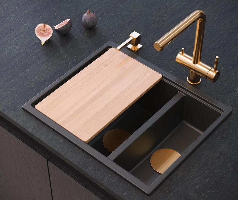 Quadri Newport II črna 1,5 pomivalno korito granit nadgradno in vgradno pomivalno korito 555x460mm s bakrenim čepom 1208967465